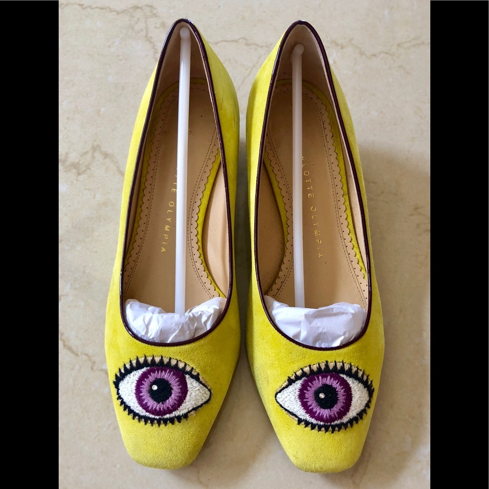 Charlotte Olympia embroidered suede yellow pumps36